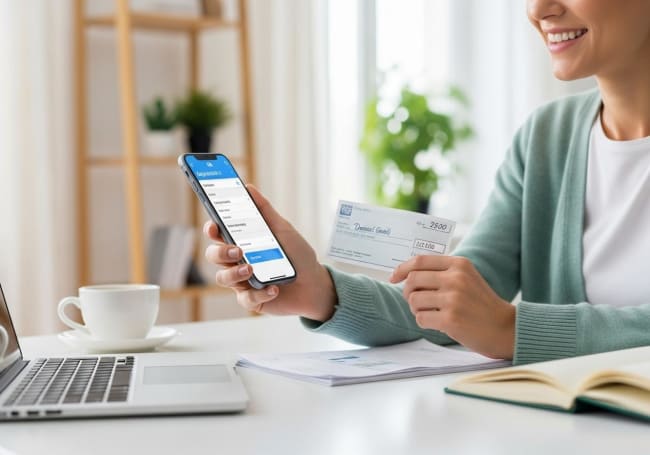 persona deposita assegno online smartphone stanza modern persona deposita assegno online smartphone stanza modern