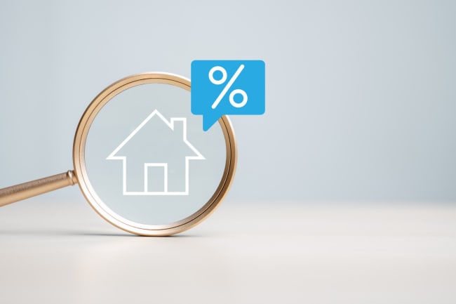 lente d'ingrandimento con simbolo di casa e percentuale