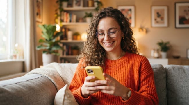 Ragazza con smartphone sul divano Ragazza con smartphone sul divano