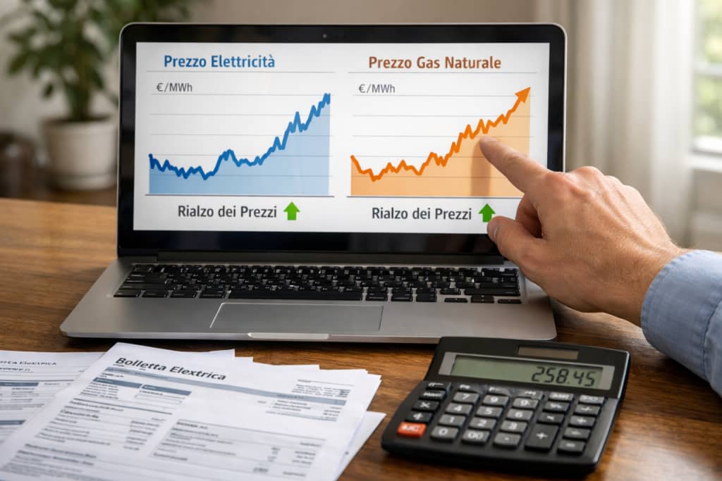 mano indica schermo pc con dati energia