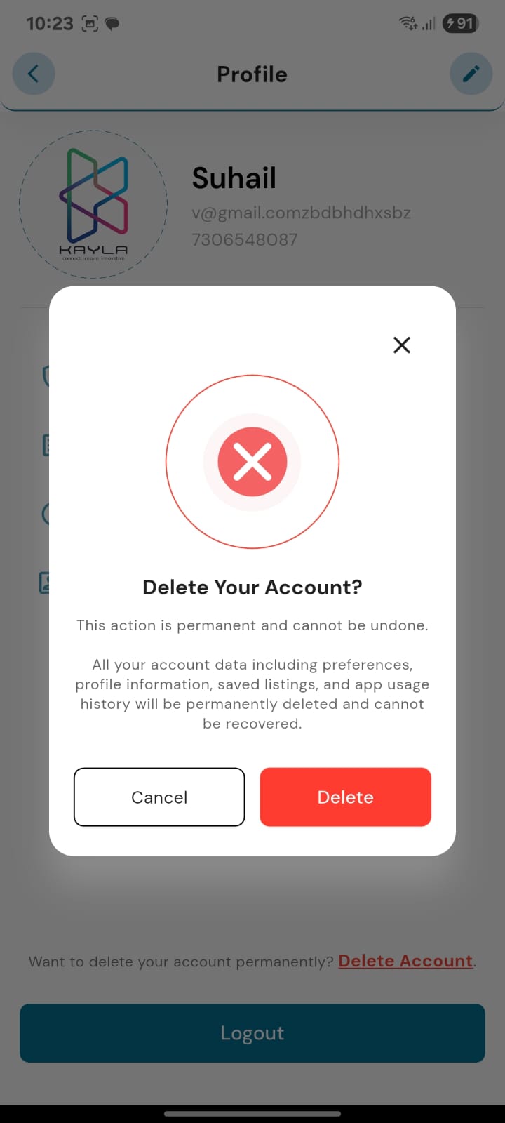 Screenshot showing delete account button