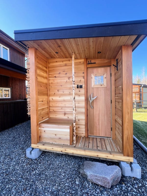 Finnish sauna exterior with metal cladding in natural forest setting