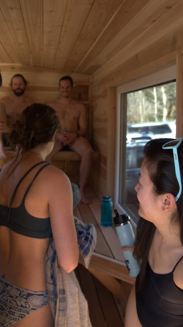 Interior sauna detail showing cedar bench craftsmanship