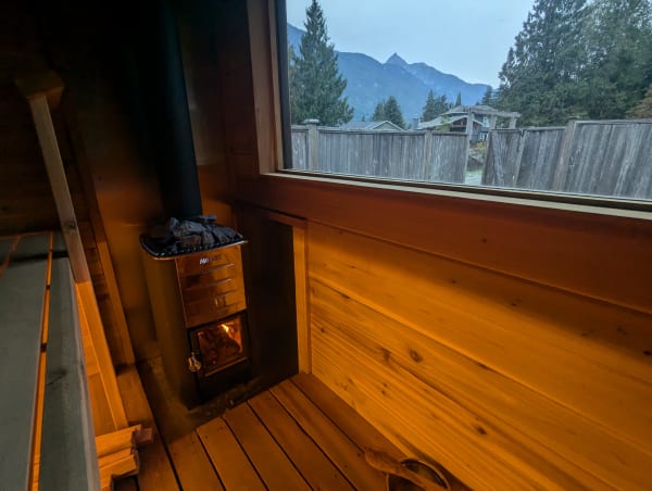 Mobile sauna setup at scenic waterfront