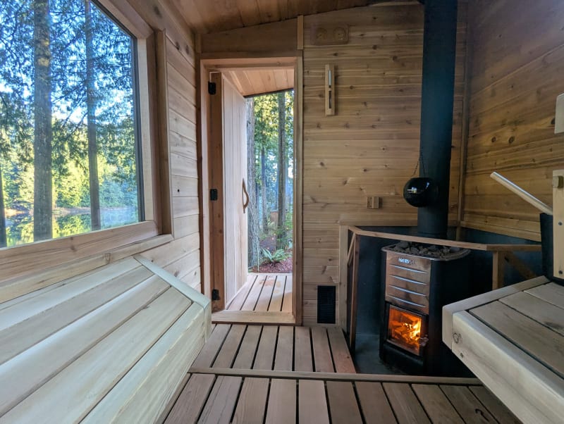 Mobile Finnish sauna at scenic BC waterfront location