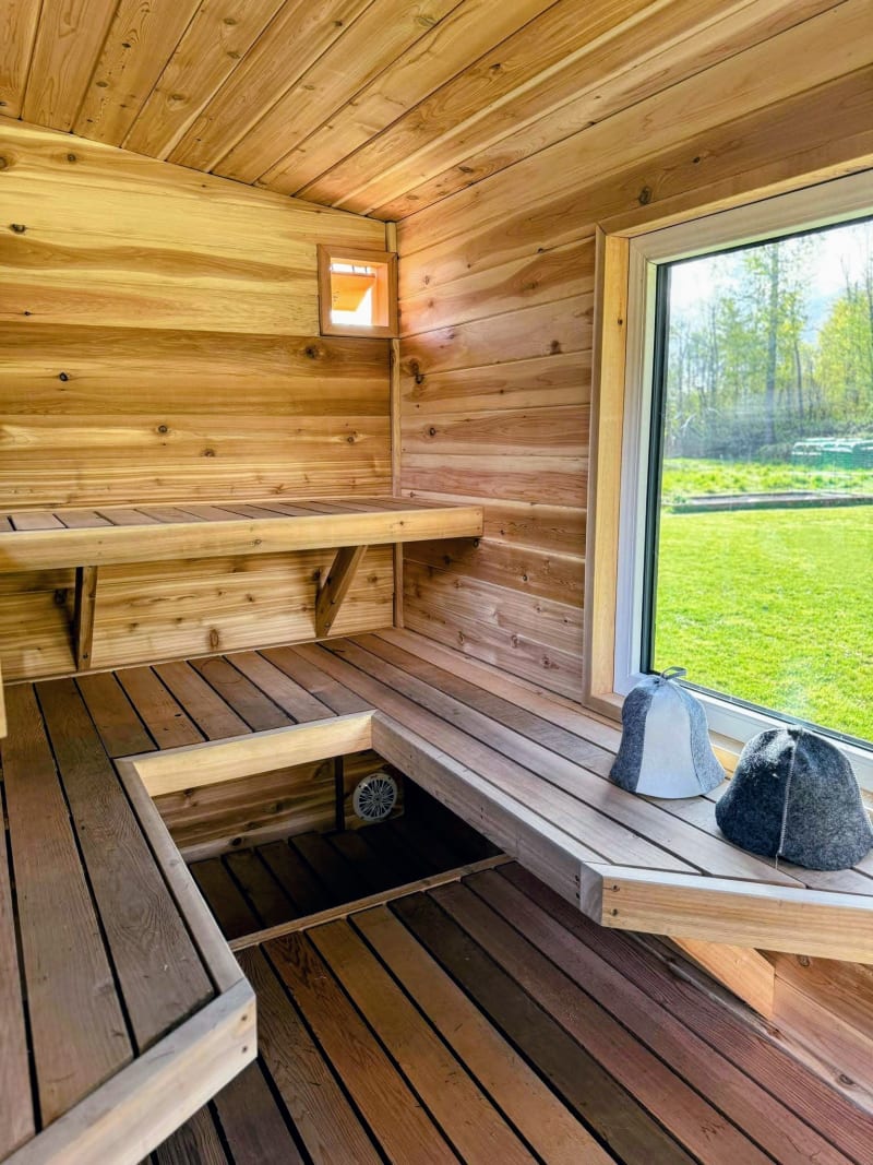 Finished sauna exterior with natural wood finish