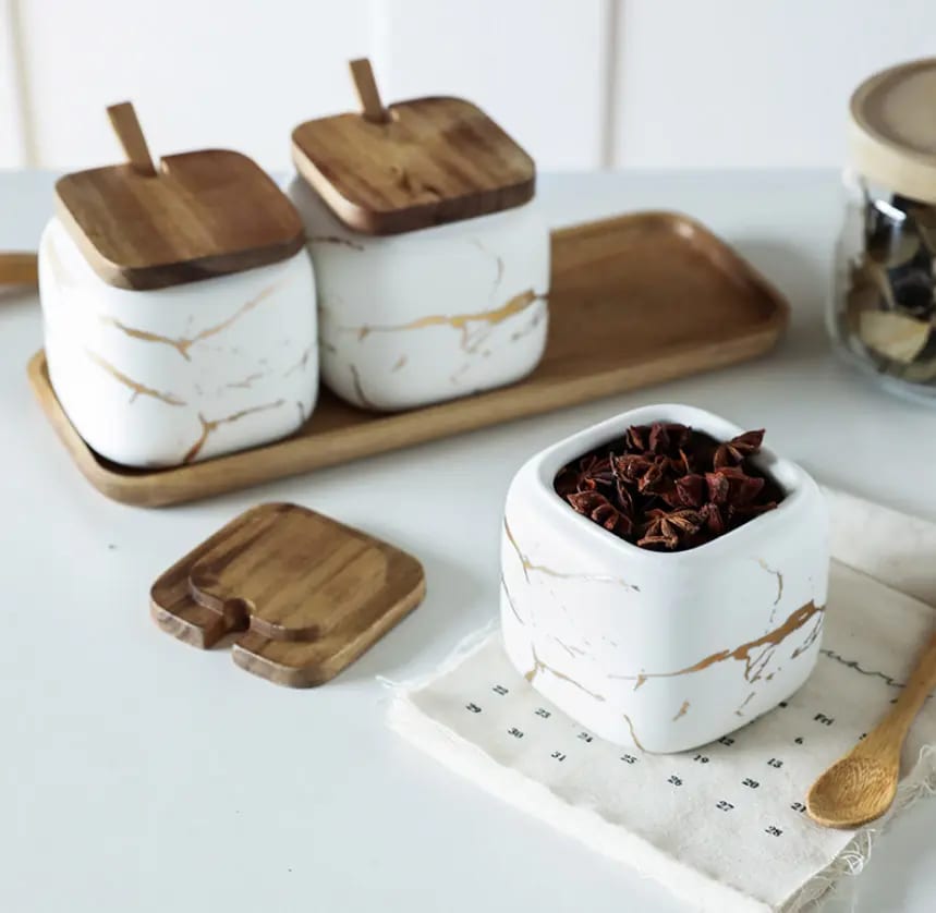 Set of Ceramic Marble Spice Condiment Jars with Wooden Spoons