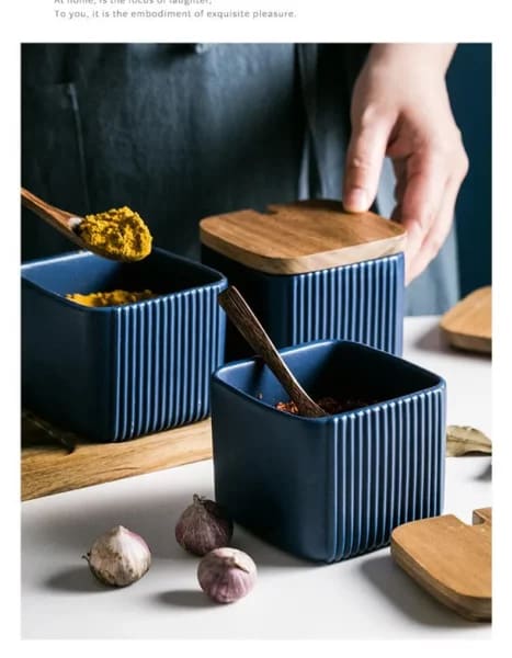 Set of 3 Ceramic Spice / Condiment Jars with Wooden Spoons and Tray - The  Bhi's Hive