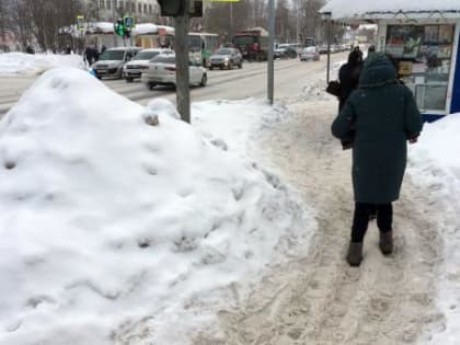 Архангелогородцы устали просить власти убрать сугроб на остановке у поликлиники