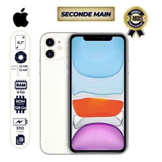 Iphone 11 Seconde main - 6,1'' -Blanc - 128Go/ 4Go RAM - 12MP/12MP - 2 SIM - 3110 mAh - 03 Mois de garantie
