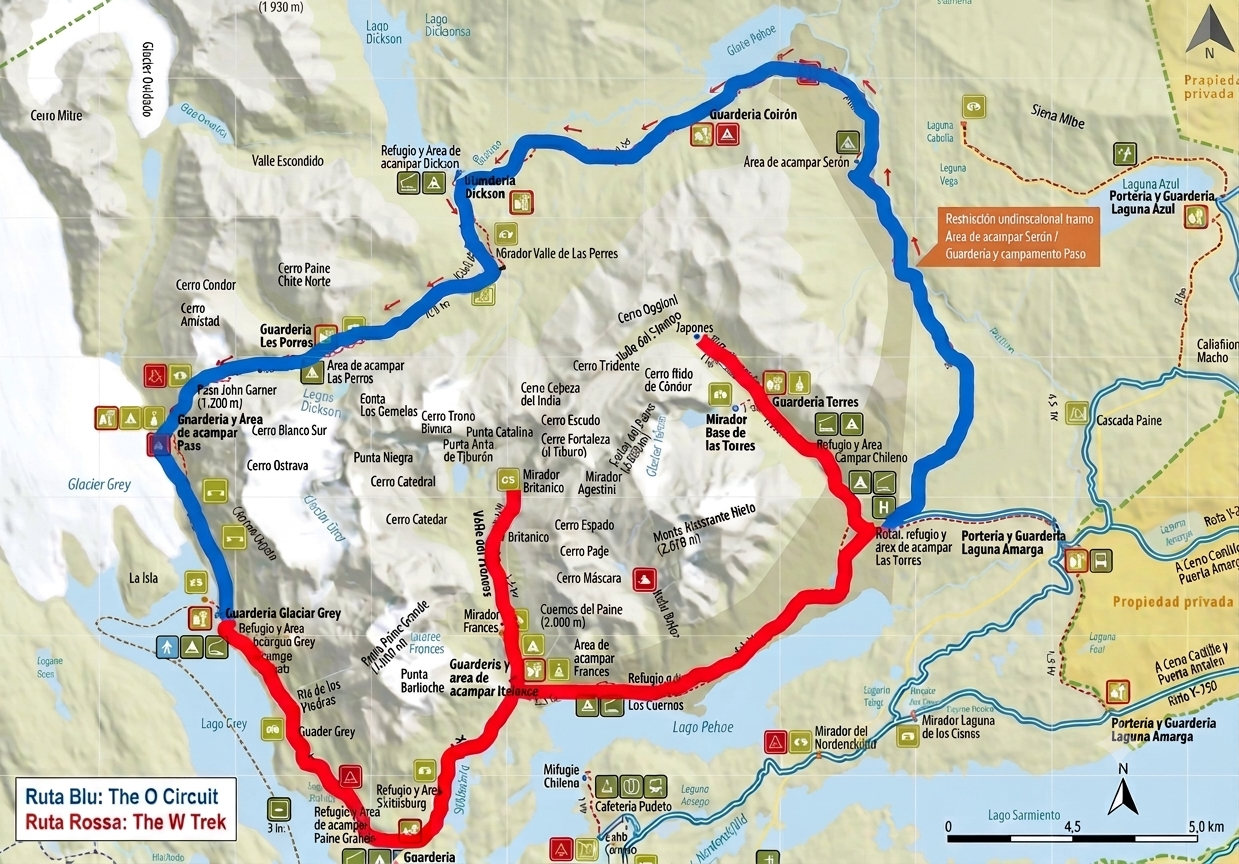 Mappa del W Trek (rosso) e del Circuito O (blu) nel Parco Nazionale Torres del Paine