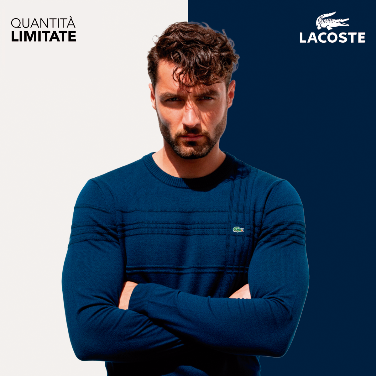 Dettaglio premium — nervature triple sul petto e bordi a coste