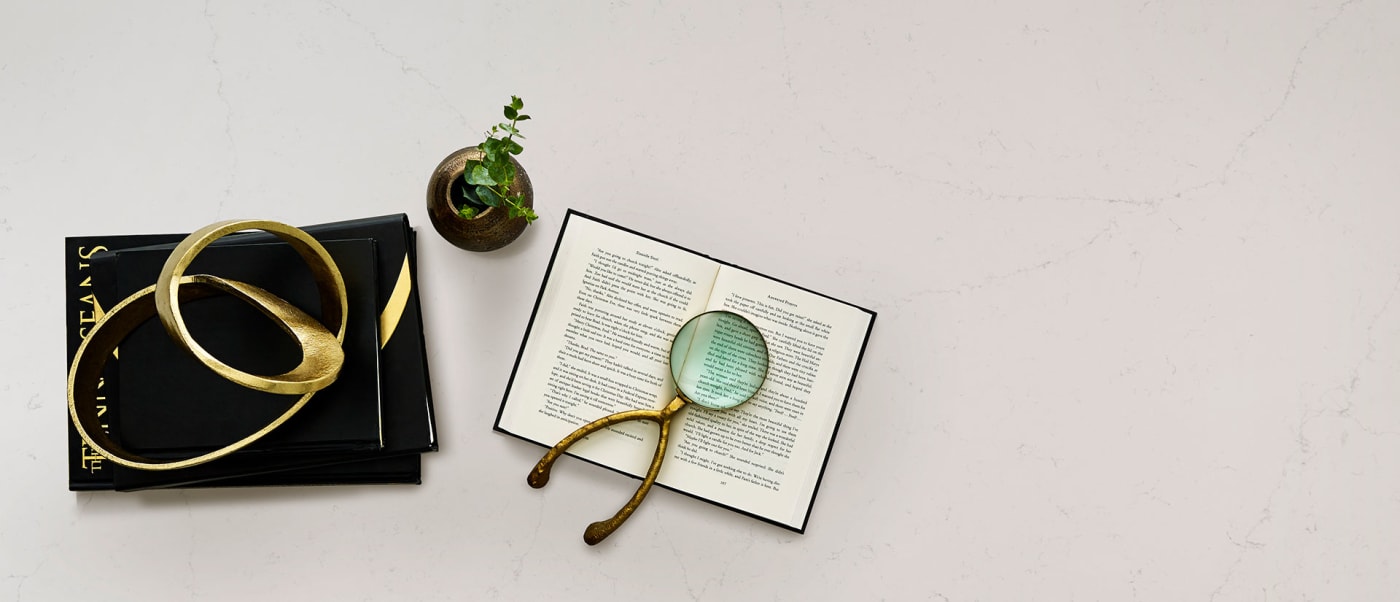 Alabaster White Quartz Countertop with a Decorative Vignette