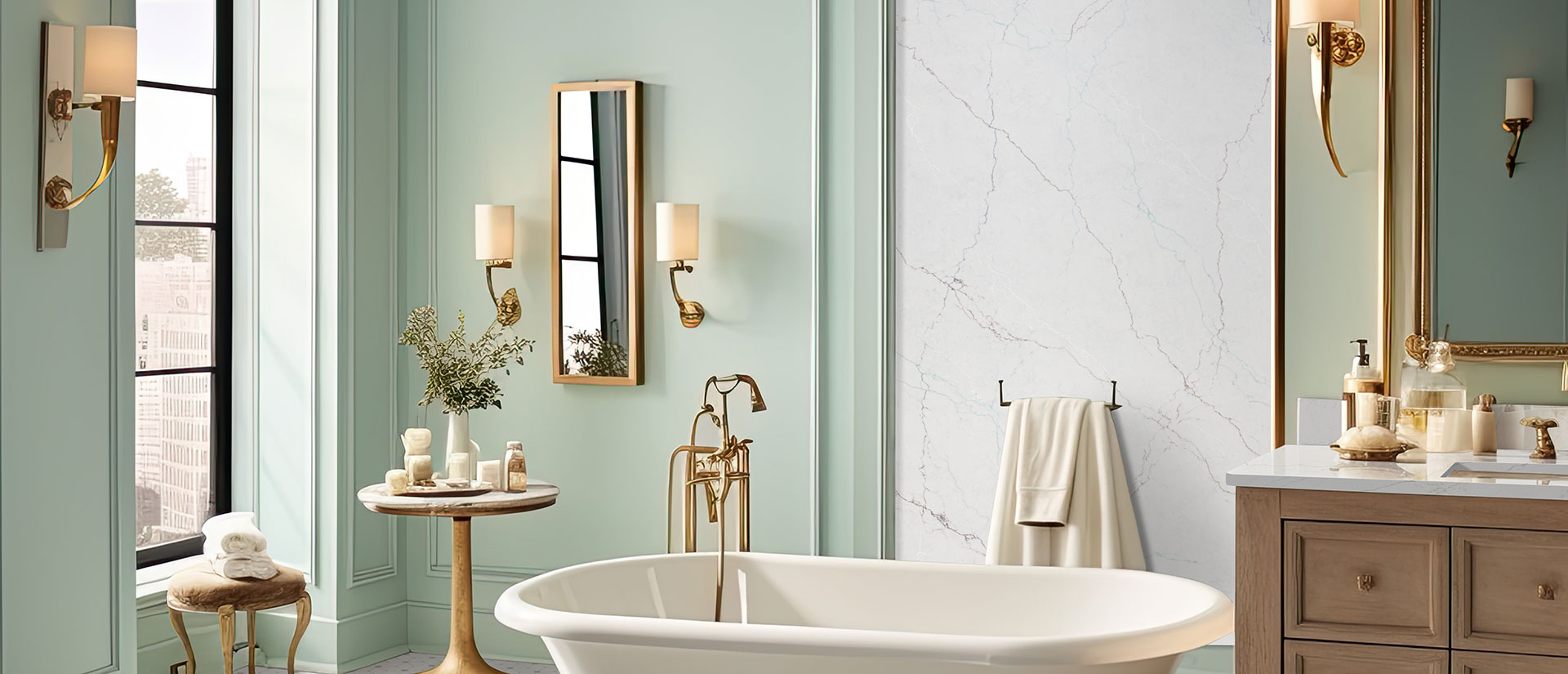 Calacatta Miraggio Seaglass Quartz Countertop in Bathroom