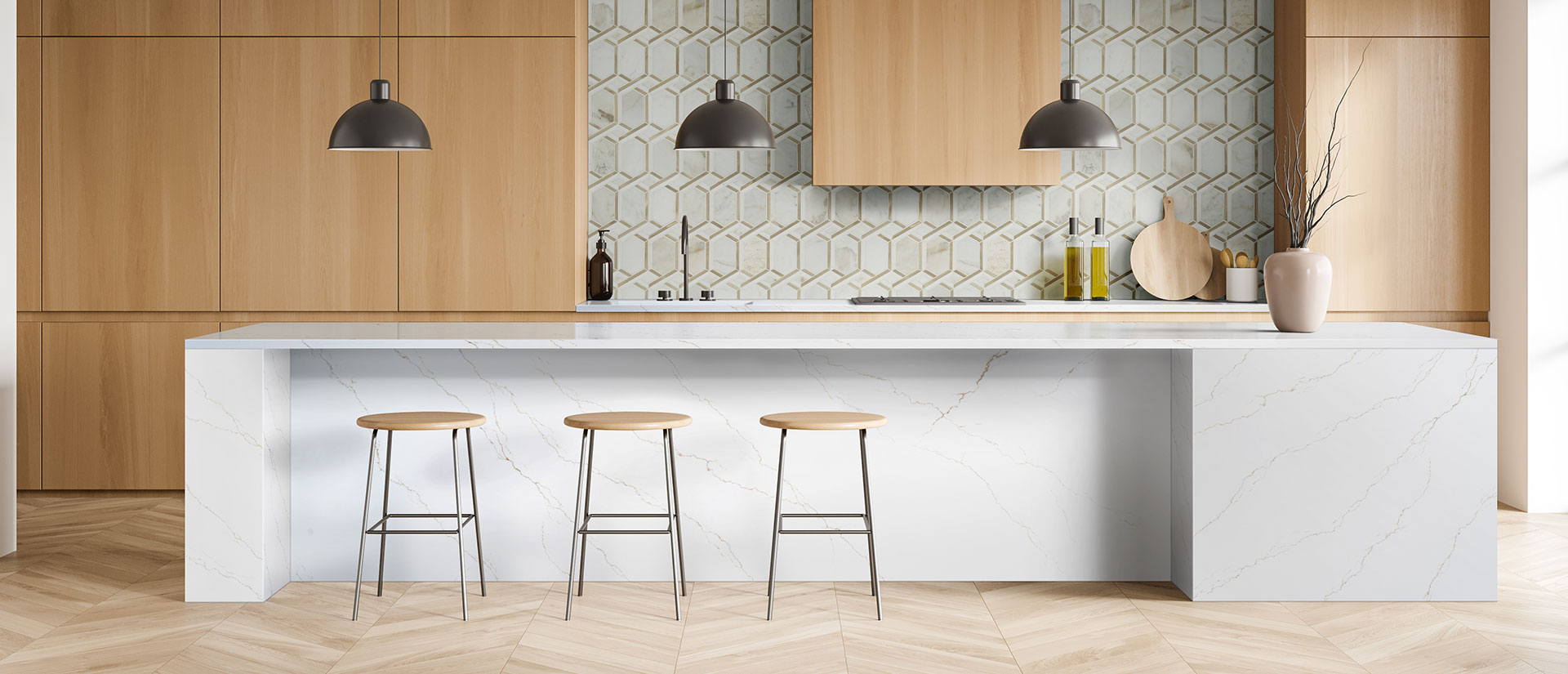 Calacatta Miraggio Gold Quartz Countertop in Kitchen Island