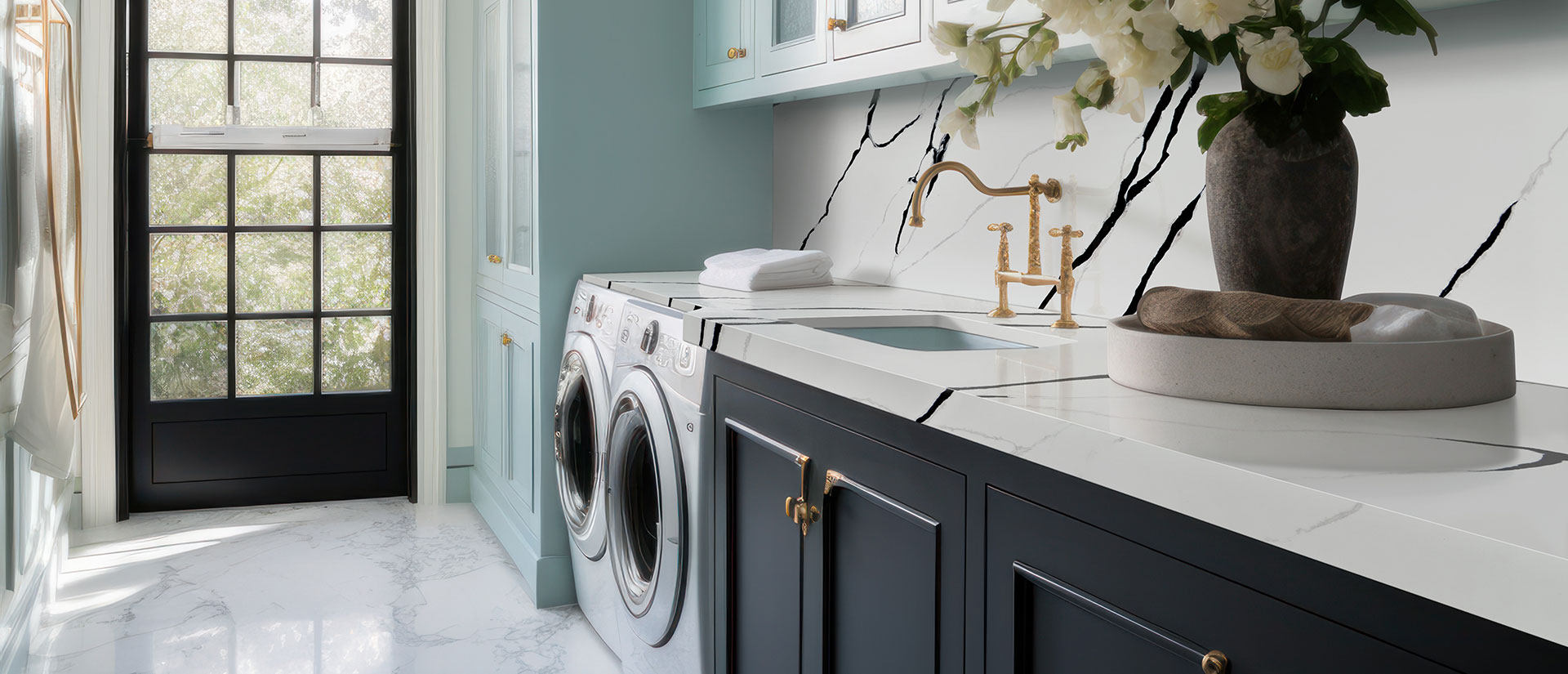 Calacatta Lumanyx Quartz Countertop in Laundry Room