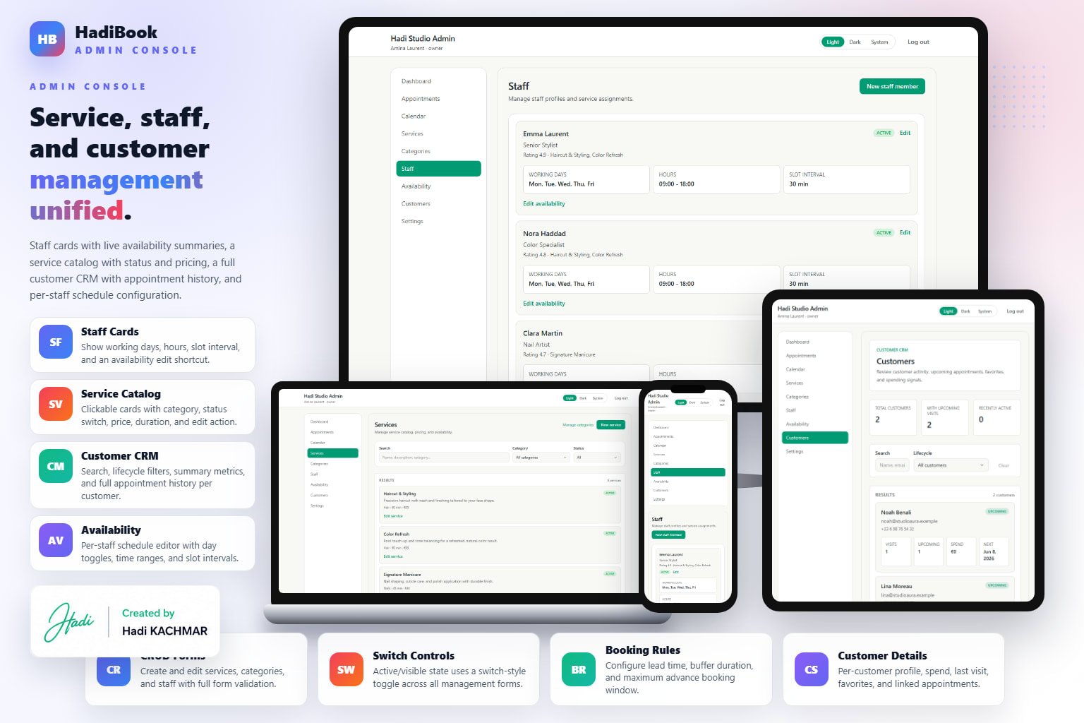 HadiBook admin management — staff cards, service catalog, and customer CRM