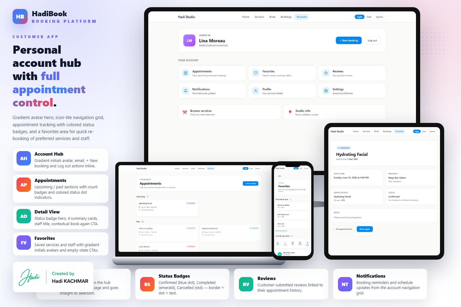 HadiBook account hub — appointments, favorites, and status badges