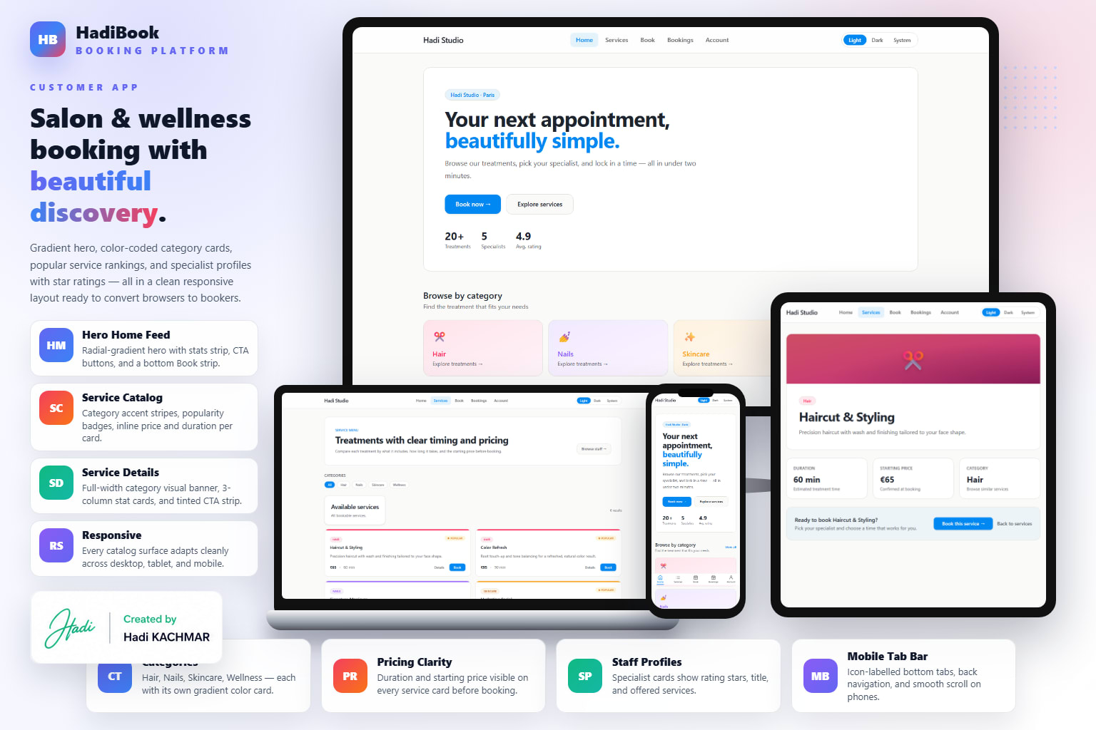 HadiBook customer discovery — home feed, service catalog, service details
