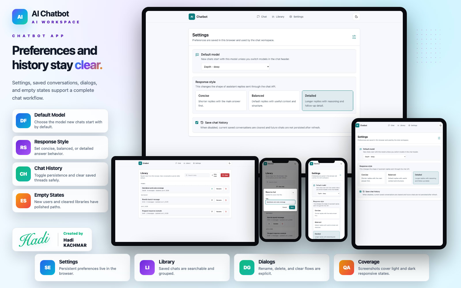 Chatbot light theme — settings and conversation history