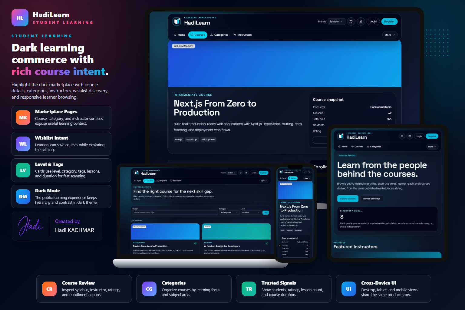 HadiLearn student dark marketplace mockup