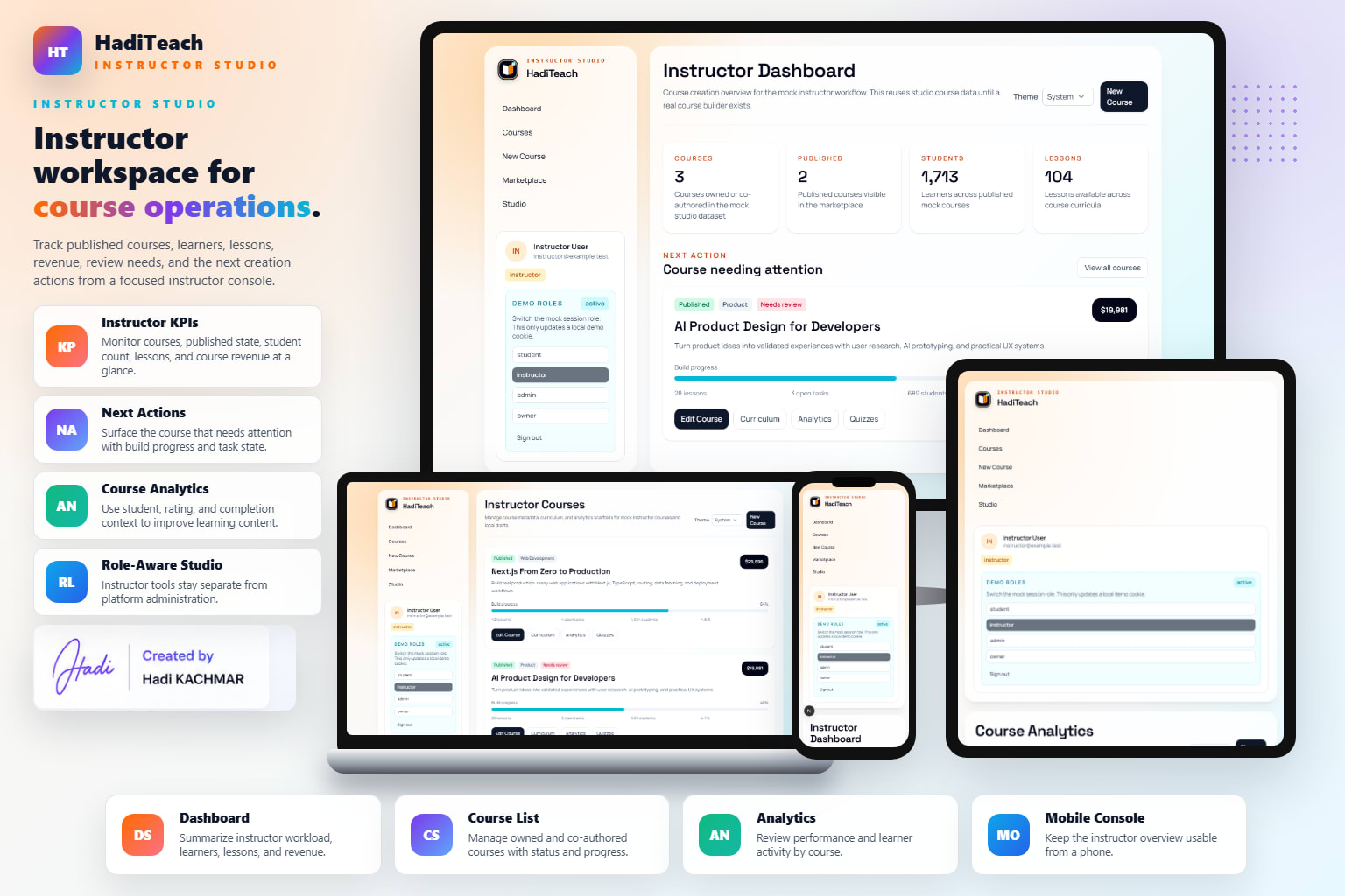 HadiTeach instructor dashboard mockup