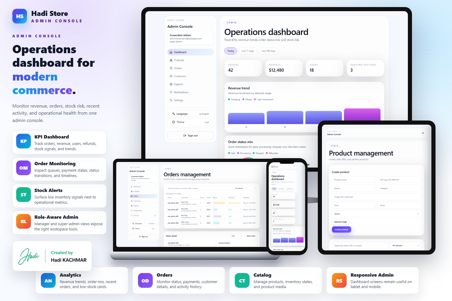 HadiStore admin light overview mockup