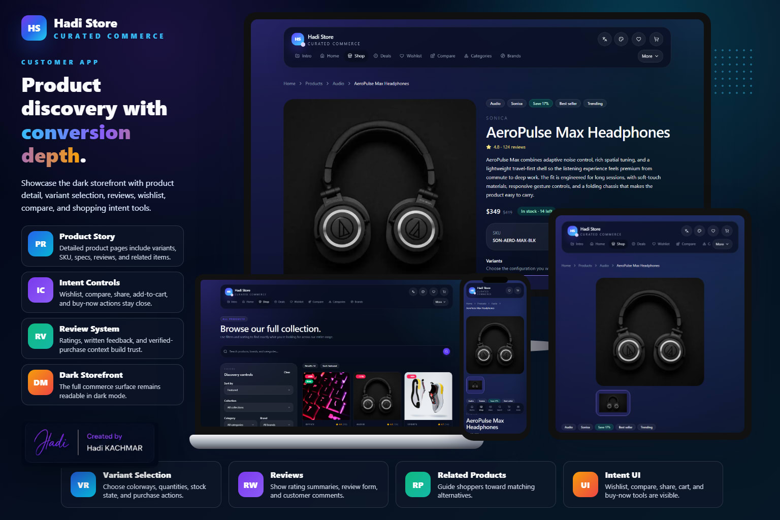HadiStore user app dark commerce mockup