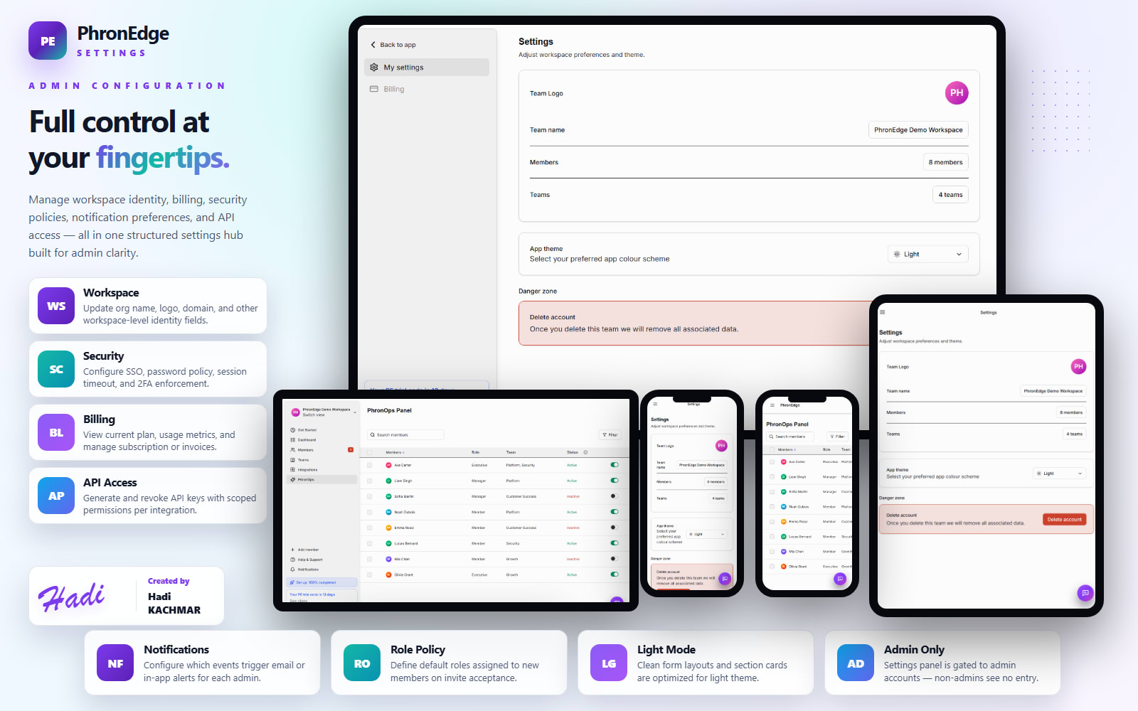 PhronEdge light — settings panel with workspace, security, and API access