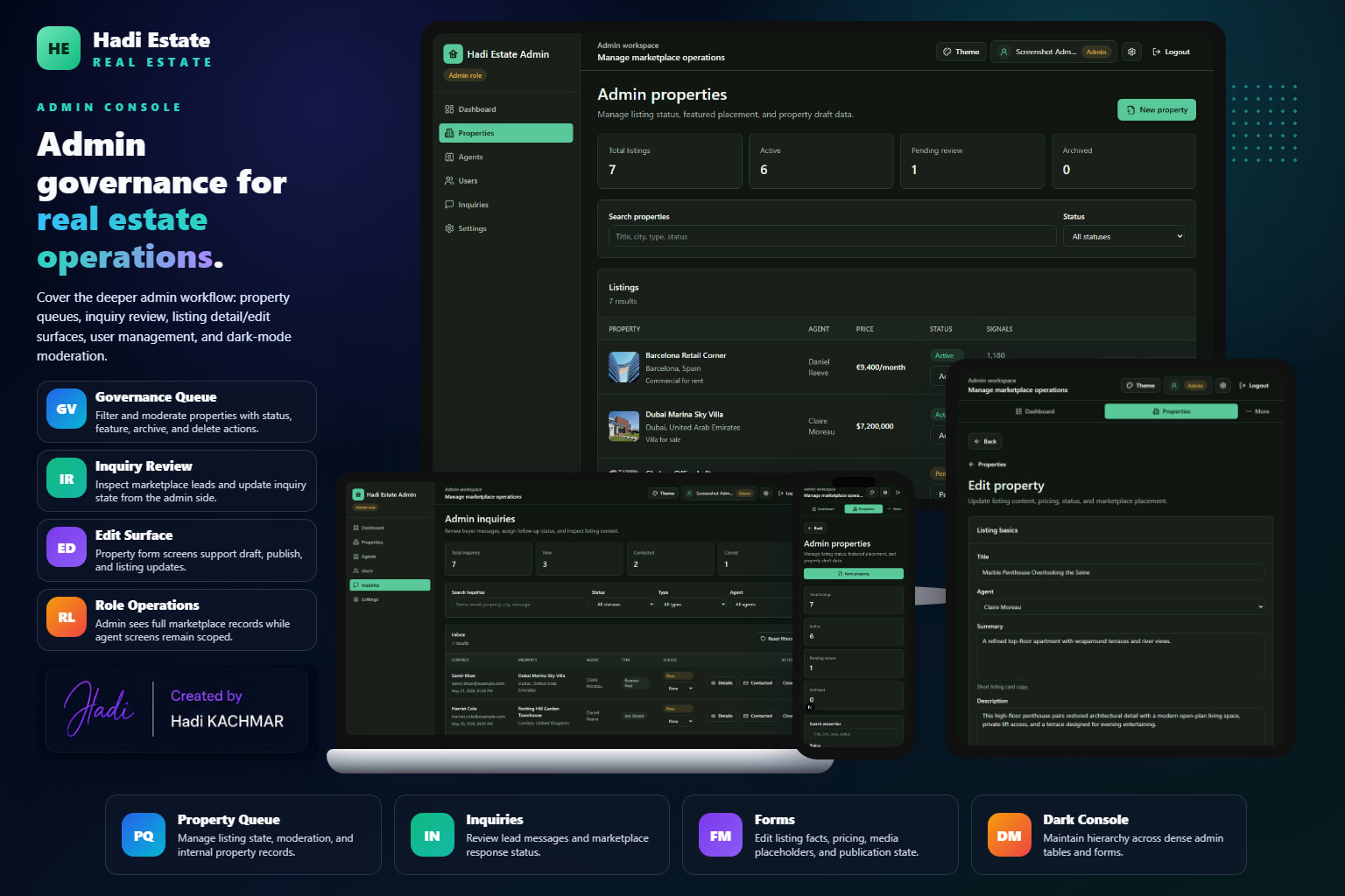 HadiEstate admin operations dark mockup