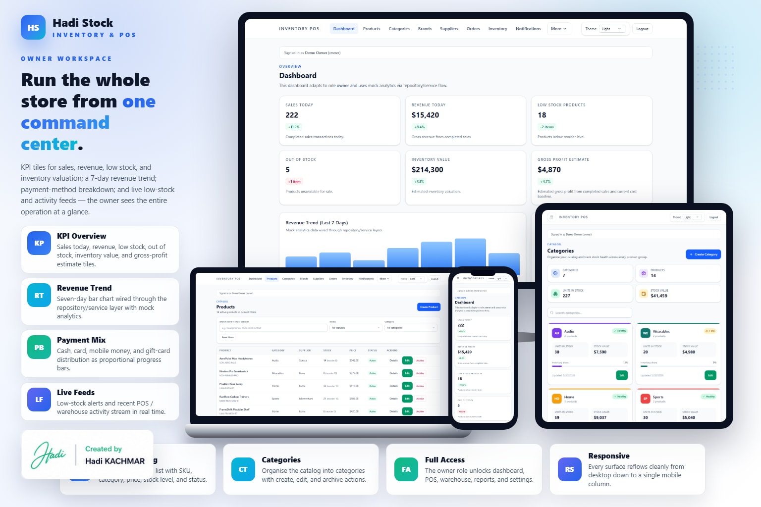 Owner workspace light — KPI dashboard, product catalog, and categories