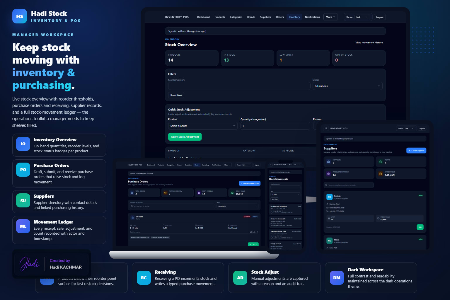 Manager workspace dark — inventory overview, purchase orders, suppliers, and stock movements
