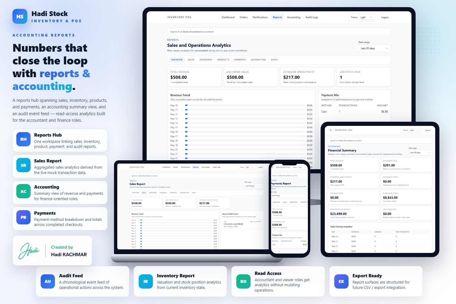 Accountant light — reports hub, sales analytics, accounting summary, and payments