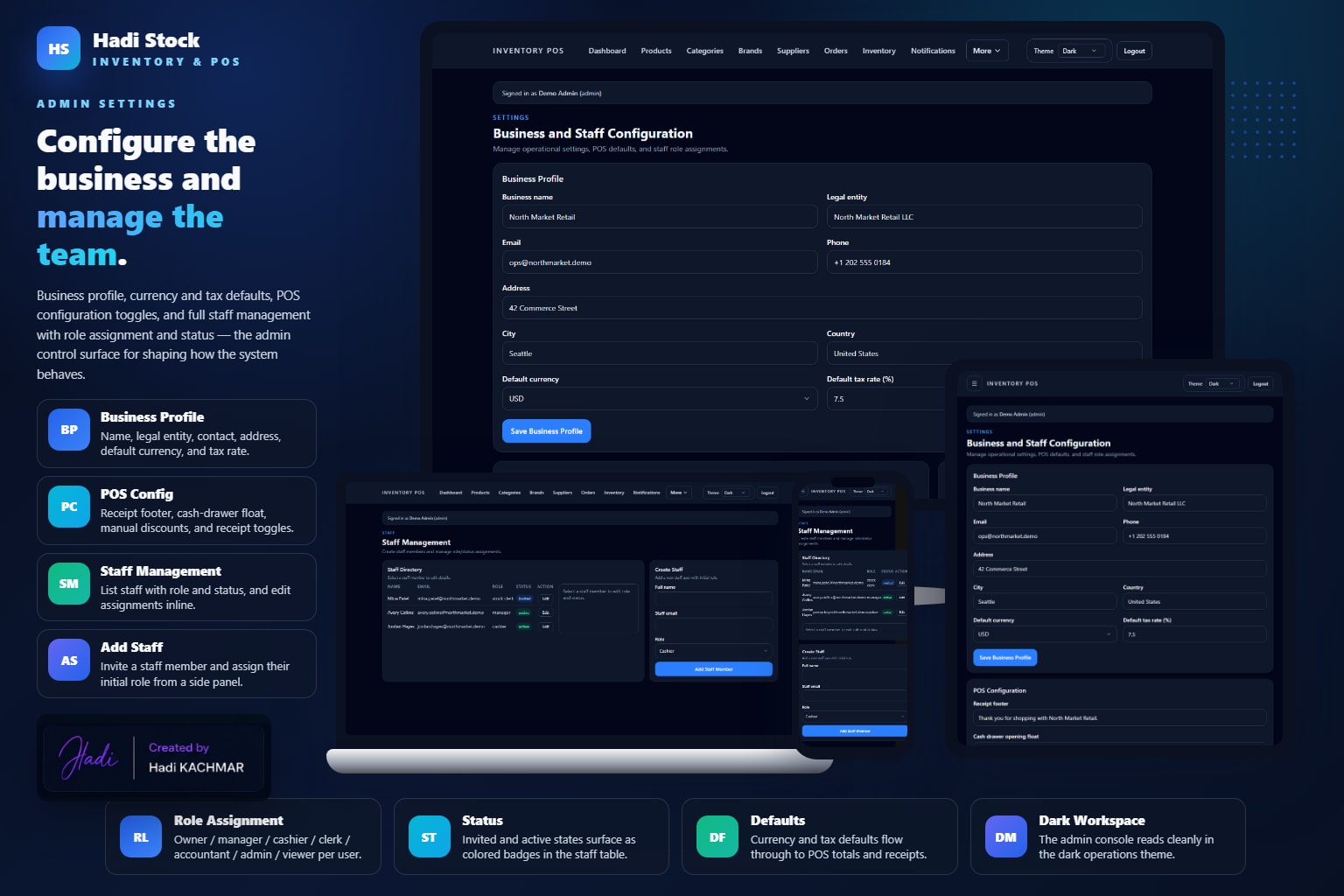 Admin dark — business profile, POS configuration, and staff management