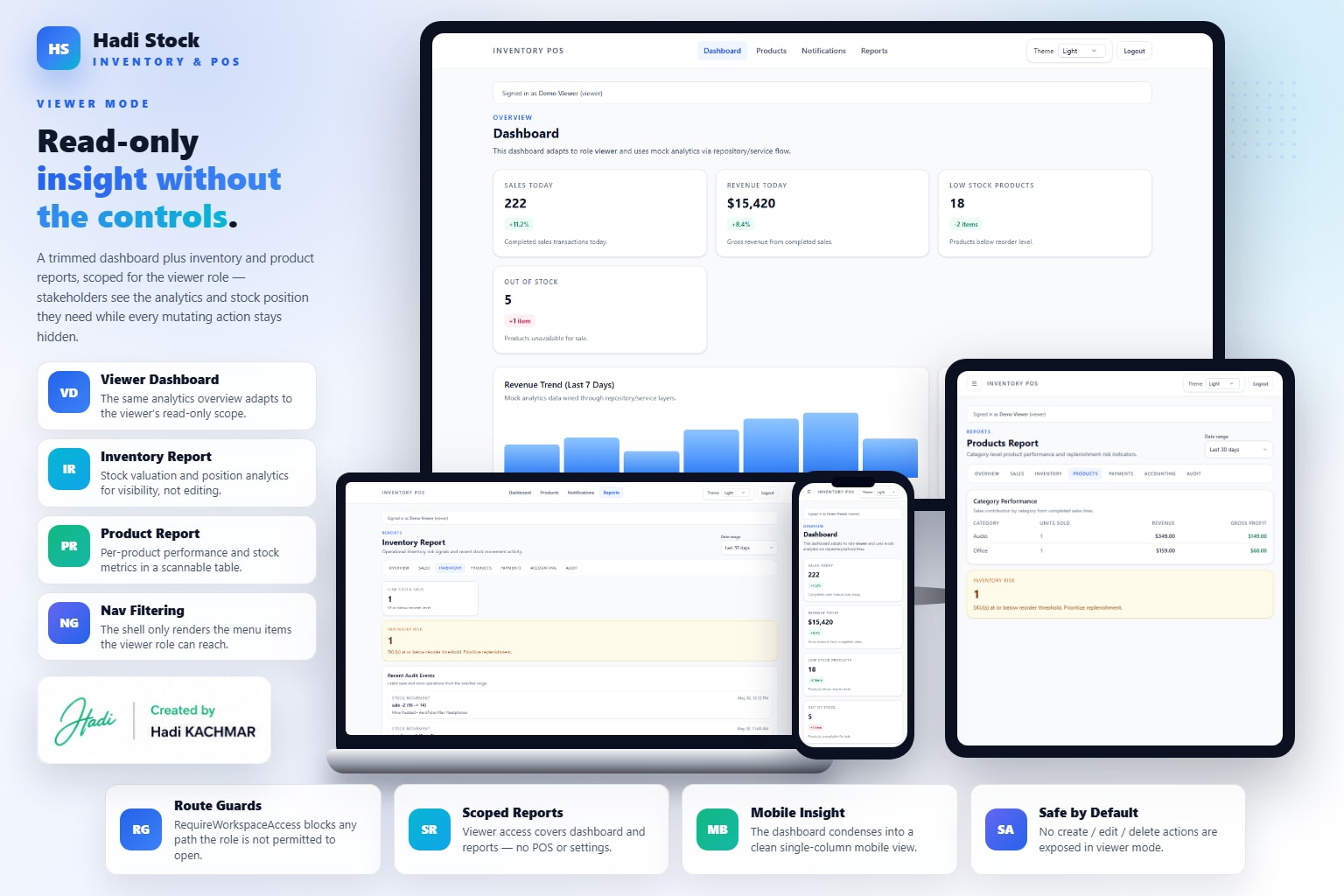 Viewer light — read-only dashboard and inventory/product reports