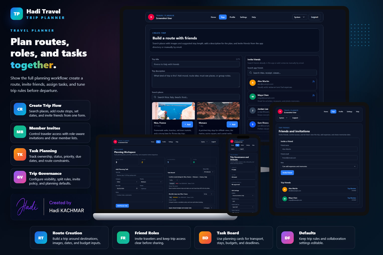 Travel planner dark planning mockup