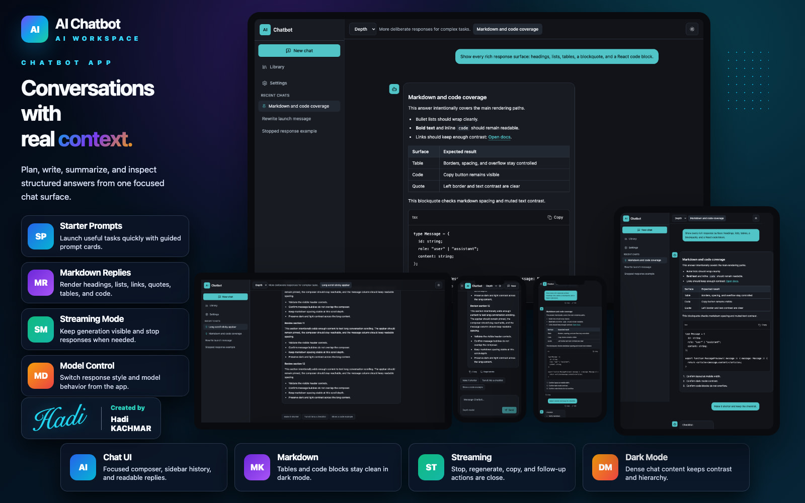 Chatbot dark theme — rich conversation workspace with code blocks
