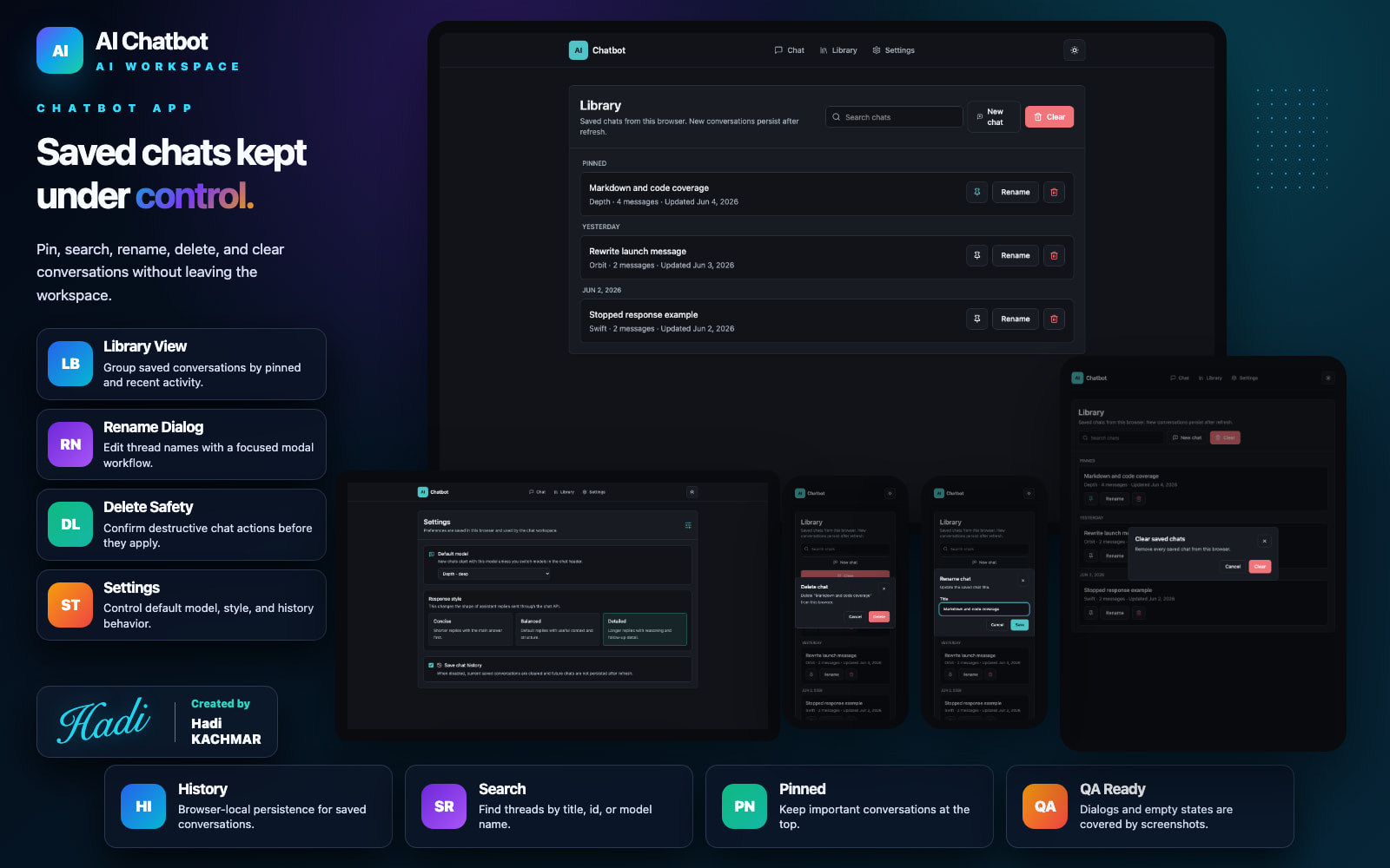 Chatbot dark theme — conversation library and model controls