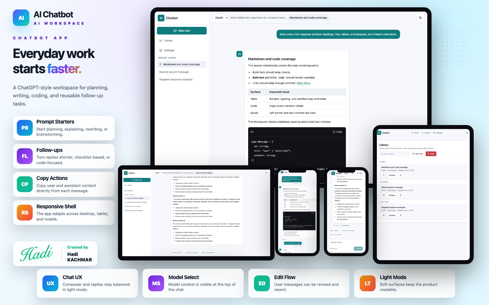 Chatbot light theme — chat workspace with productivity conversation
