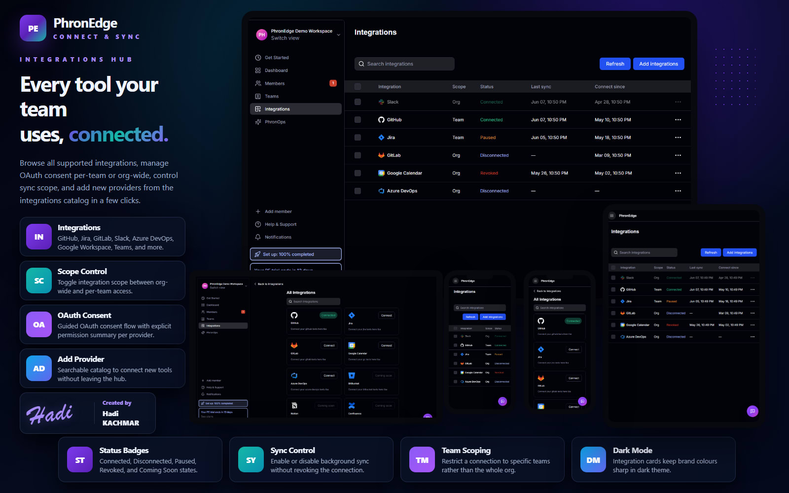 PhronEdge dark — integrations hub with OAuth consent and sync controls