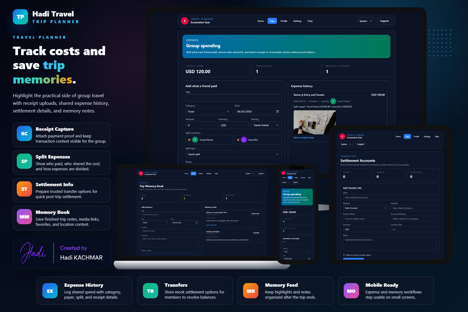 Travel planner dark expenses and memories mockup