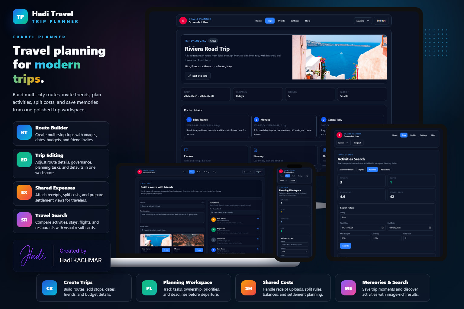 Travel planner dark theme mockup