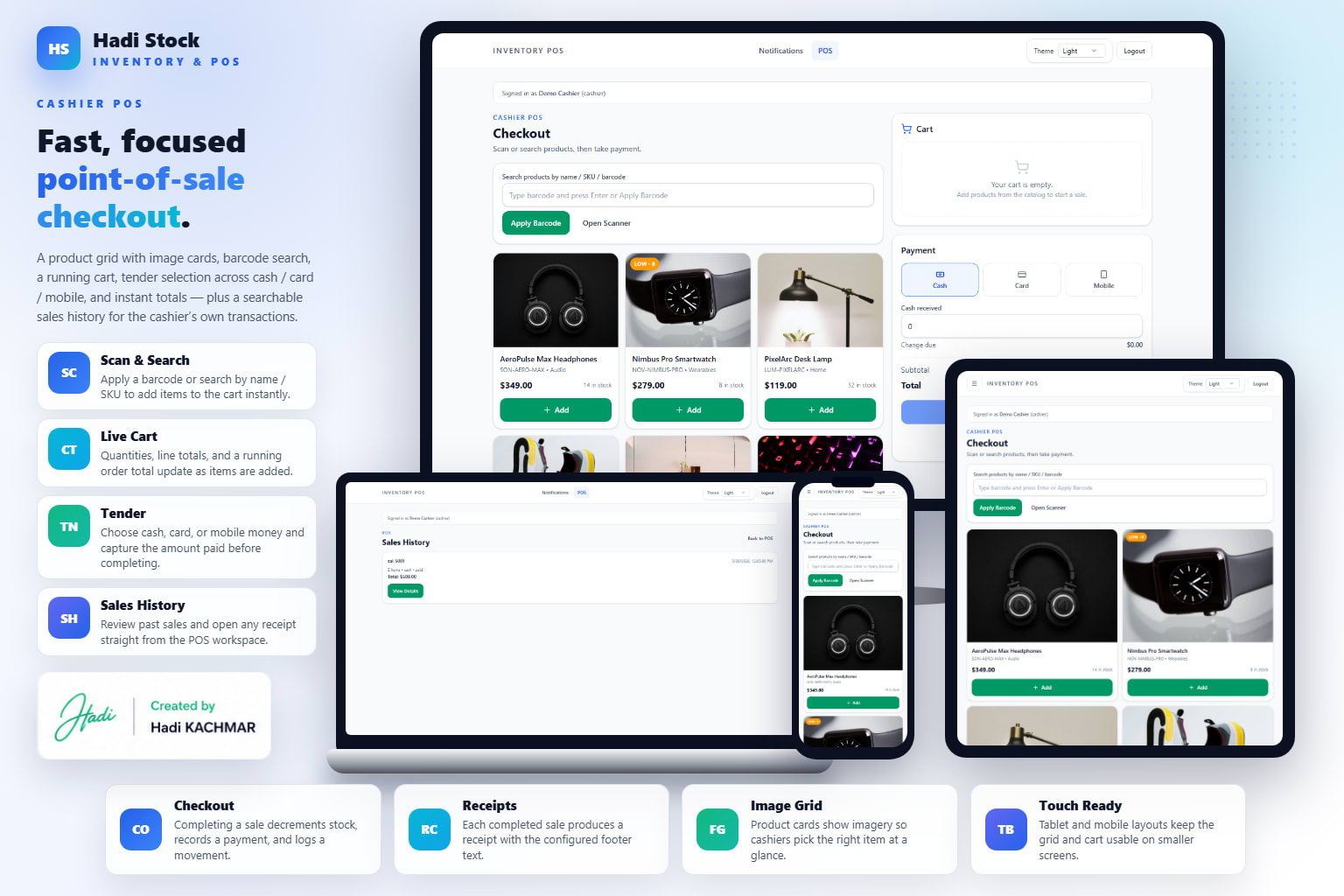 Cashier POS light — checkout, product grid, cart, and sales history