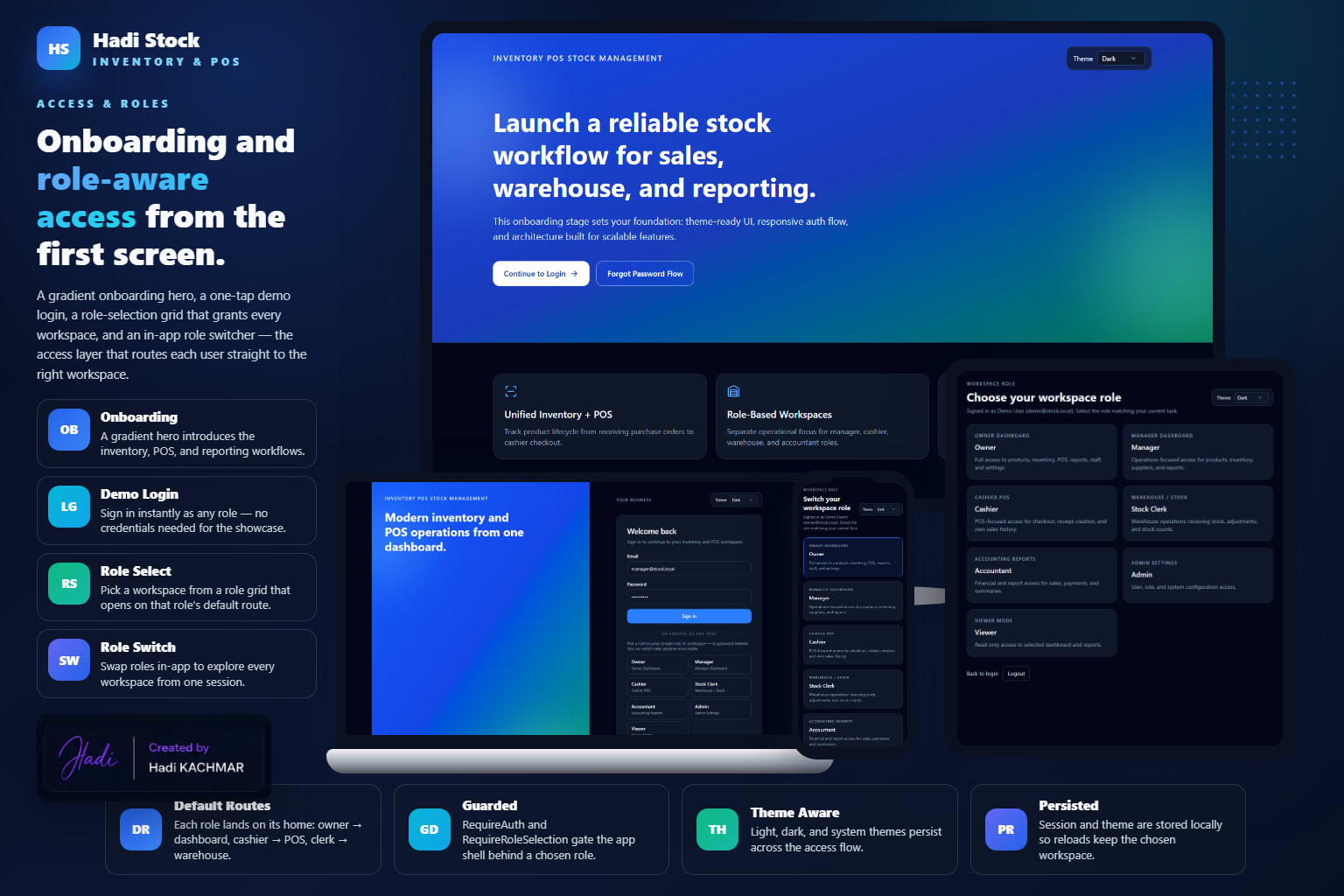 Access dark — onboarding, login, role selection, and role switching