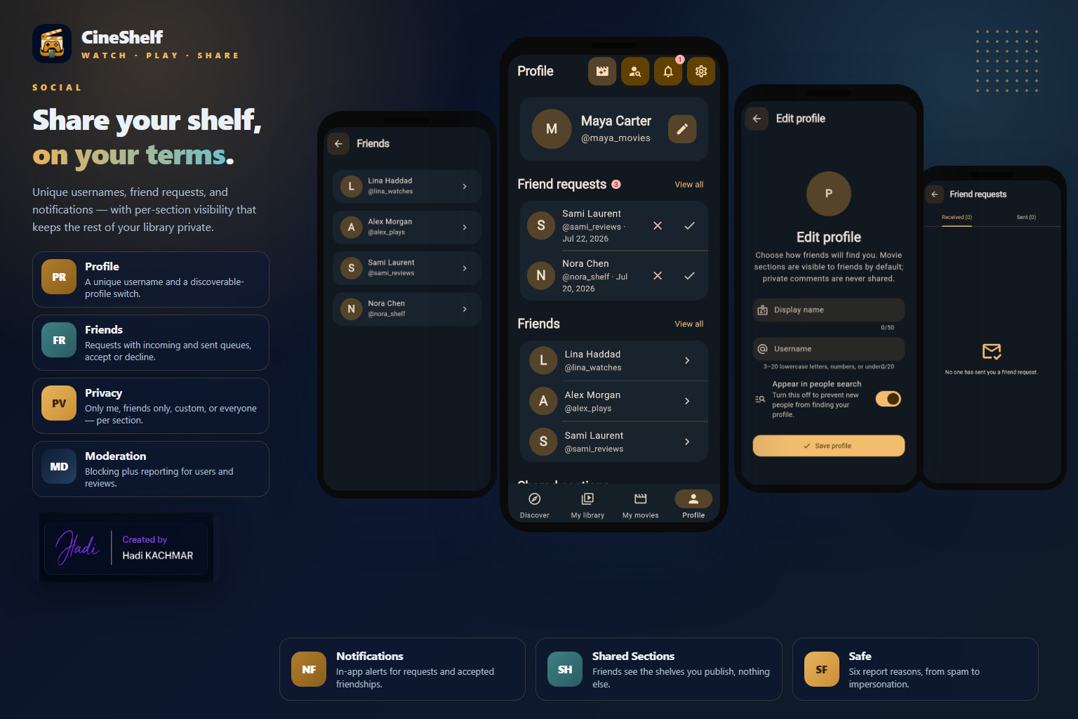 CineShelf on phones in dark mode — social profile, friends, privacy settings, and requests