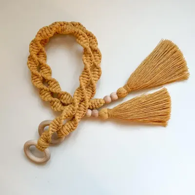 Macrame Curtain Tieback with Tassels & Wooden Beads – Boho Decor