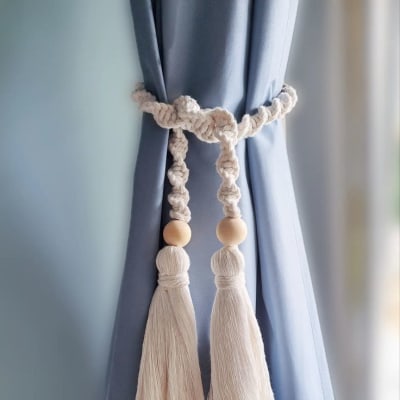 Macrame Curtain Tieback with Tassels & Wooden Beads – Boho Decor