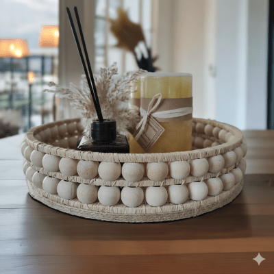 Wooden Double Beaded Decorative  Jute Tray 