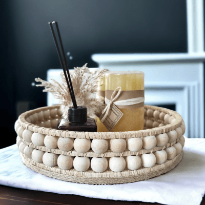 Wooden Double Beaded Decorative  Jute Tray 