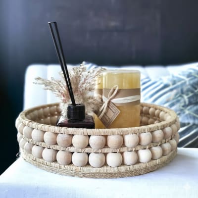 Wooden Double Beaded Decorative  Jute Tray 